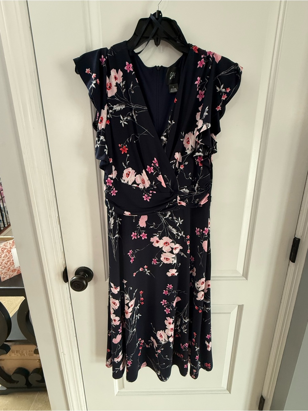 Navy Midi Wrap Dress with Pink Floral Print